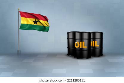 Ghana Flag With Oil Barrels,
3D Illustration 