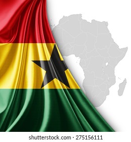 Ghana Flag Of Silk With Africa Map And White Background