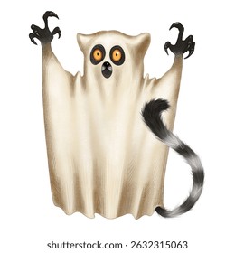 Ghost character with exaggerated features and glowing eyes in a spooky Halloween costume