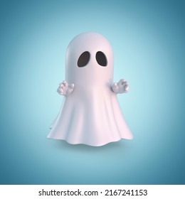 Ghost Covered With White Sheet On Blue Background 3d Rendering