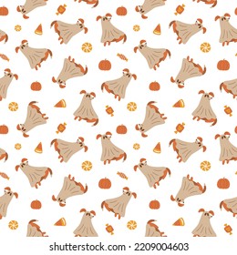 Ghost dog Halloween pattern  Cute beige spooky dog Halloween seamless pattern  Trick treat dog in ghost costume repeated background  Halloween sweets  candies  puppy cartoon drawing illustration