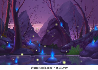 Ghost Forest. Video Game's Digital CG Artwork, Concept Illustration, Realistic Cartoon Style Background