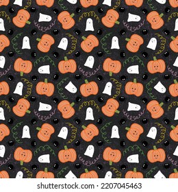 Ghost And Pumpkin Seamless Pattern, Halloween Repeat Background, Cute Spooky Autumn Wallpaper, Fall Festive Backdrop, Pumpkin Kawaii Ornament, Ghosts And Spiders Print