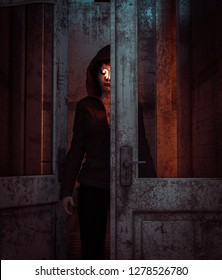 Ghost Woman Behind The Doors,3d Illustration