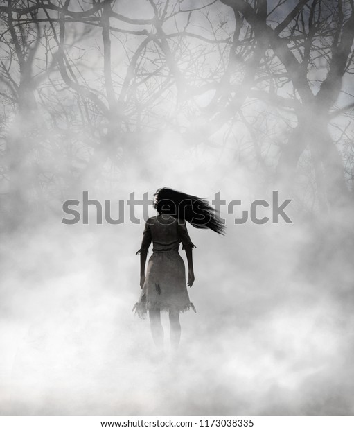 霧がかった森の幽霊女 本のイラストや本の表紙用の3dミックスメディア のイラスト素材