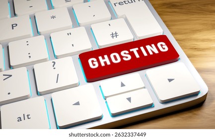 Ghosting, keyboard with a ghosting key. Close-up computer keyboard, one key is red. Internet contact or online dating contact disappears without any reason and is still visible. 3D illustration