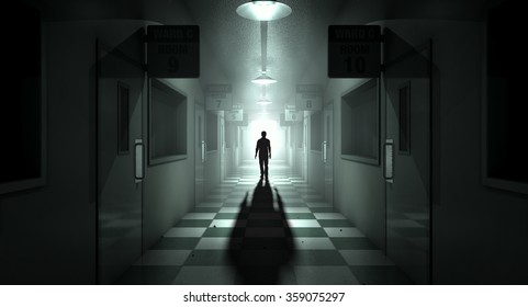 A ghostly figure casts a long shadow down the middle of a dimly lit passage of a dilapidated mental asylum 