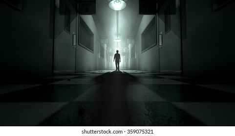 A ghostly figure casts a long shadow down the middle of a dimly lit passage of a dilapidated mental asylum 