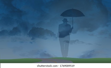 A ghostly silhouette of an older man in a fedora and suit with an umbrella is set against a stormy sky background. It is a metaphor for aging, lonliness, preparedness, isolation and more.