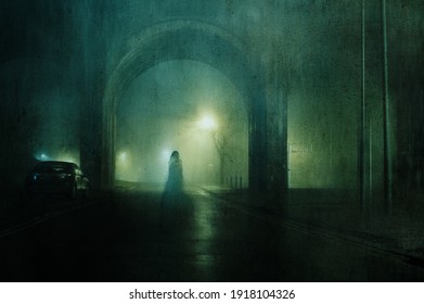 A ghostly transparent woman. Standing underneath an arch of a bridge. On an atmospheric winters night in town. With a grunge, blurred vintage edit. - Powered by Shutterstock