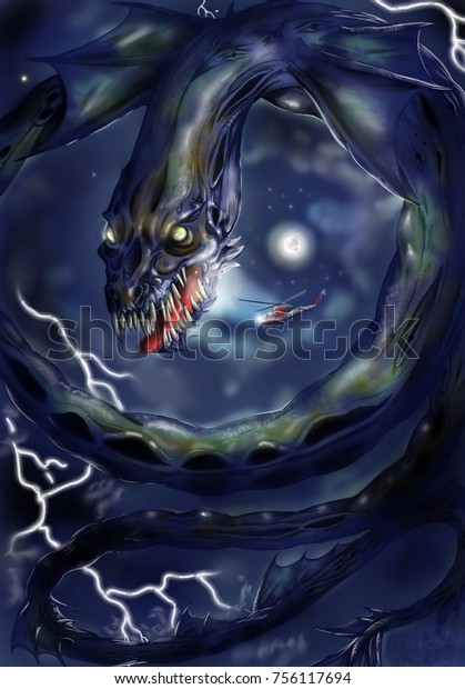 Giant Alien Dragon Sky Thunders Stock Illustration