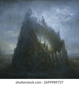 A giant architectural structure reminiscent of the Tower of Babel, hand-drawn with acrylic on paper.