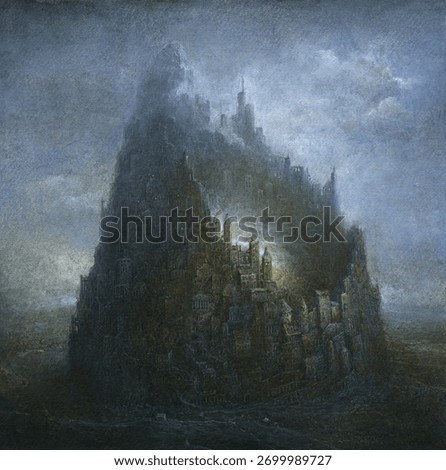 A giant architectural structure reminiscent of the Tower of Babel, hand-drawn with acrylic on paper.