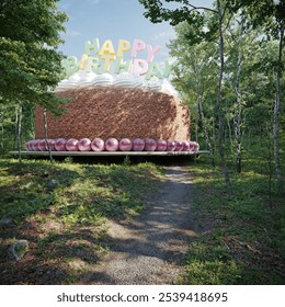 giant birthday cake with colorful Happy Birthday letters on top, placed in the middle of a lush green forest, creating a playful and surreal outdoor celebration scene. 3d render - Powered by Shutterstock