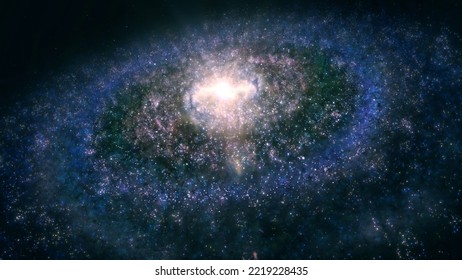 Giant Blue Alien Spiral Galaxy In Deep Space. Concept 3D Illustration Of Fictional Galactic Stellar Milky Way Supercluster Created Without Third-party Elements Depicting Strange Worlds In Universe.