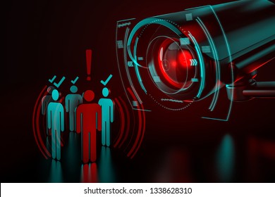 Giant camera checkes group of people as a metaphor of AI-driven (artificial intelligence) surveillance system taking control over world we know concept. 3D rendering