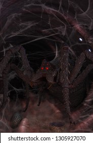 A giant creepy spider inside a dark cave, full of cobweb and odd eggs. 3D Illustration. 