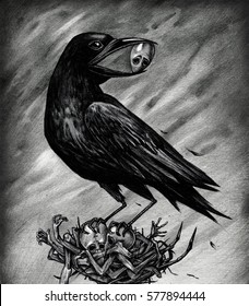 The giant crow in the nest of human bones and body parts with a head with a skull in its beak. A graphical illustration of a pencil