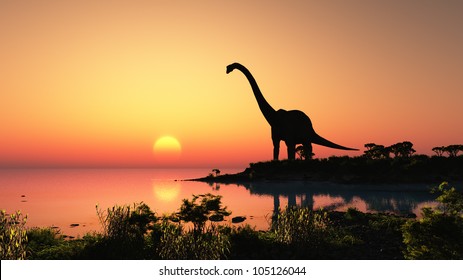 Giant dinosaur in the background of the colorful sky.