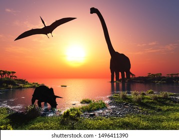 Giant dinosaur in the background of the colorful sky.,3d render
