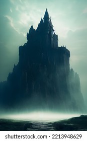 Giant Fantasy Castle On A Mountain And In The Fog