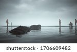 Giant Futuristic Black Crocodile Hunting Men in a Hazmat Suits on Black Sand Beach Surrounded by Water 3d illustration 3d render  