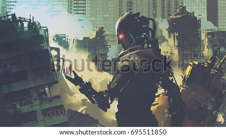 giant futuristic robot looking at woman on its hand in apocalyptic city, digital art style, illustration painting