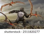 Giant gorilla capturing pteranodon, a pteranodon.3D illustration,3D rendering