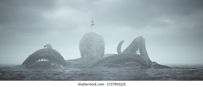 Giant Kraken with Girl Beast Master Rising out of the Sea 3d illustration 3d render miniature Lord of the Print