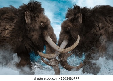 Giant mammoths collide head-on.3D illustration,3D rendering