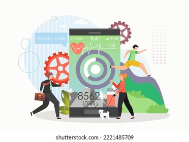 Giant Mobile Phone With Step Counter App, Male And Female Characters Tracking Daily Steps, Walking Distance, Flat Illustration. Pedometer, Step Tracker And Health Care App.