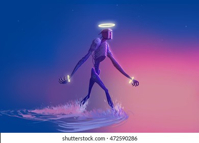 The Giant Mystery Robot Walking on Clean Abstract Background. Video Game's Digital CG Artwork, Concept Illustration, Realistic Cartoon Style Background
