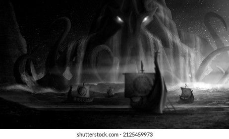 A giant octopus with long tentacles attacked the Viking ships at night in the open sea off the coast. Dark fantasy landscape with a water monster, a kraken with glowing eyes and drakkars with shields.