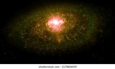 Giant Orange Alien Spiral Galaxy In Deep Space. Concept 3D Illustration Of Fictional Galactic Stellar Milky Way Supercluster Created Without Third-party Elements Depicting Strange Worlds In Universe.