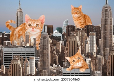 Giant orange cats playfully roam a city skyline background. Cats tower over skyscrapers, creating a whimsical scene. Orange cats dominate the urban landscape background. - Powered by Shutterstock