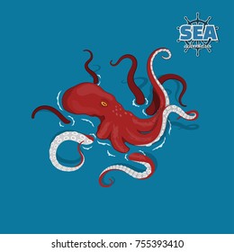 Giant Red Octopus On A Blue Background. Sea Monster Kraken In Cartoon Style. Pirate Game. 