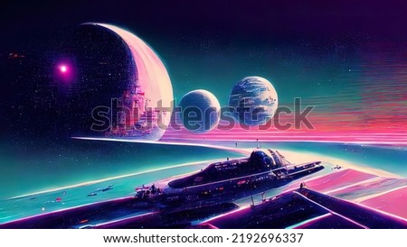 Giant spaceship flying trough space. Vaporwave style. Digital painting. Purple, pink colors of space. Planets, spaceships, futuristic atmosphere, synthwave painting.