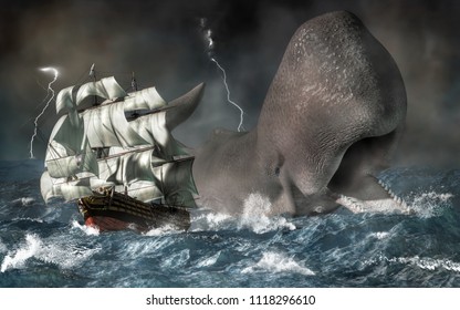 A Giant Sperm Whale Chases A Ship Through Stormy Seas.  It's Time For The Ocean's Revenge Against The Sailors Who've Hunted Too Many Of The Marine Mammals. 3D Illustration