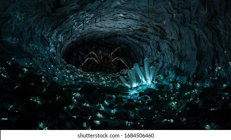 A giant spider inside a deep dark cave, full of glowing mushroom and crystal. Scary mysterious concept. 3d rendering