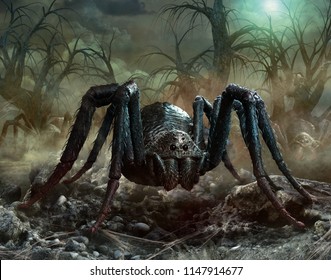 Giant spider scene 3D illustration