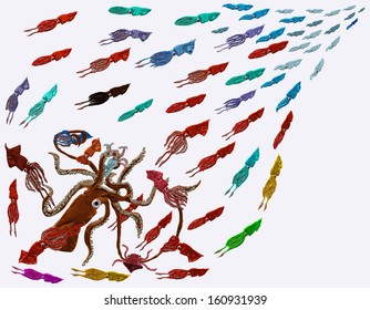 A Giant Squid Attacked By Many Humboldt Squids 