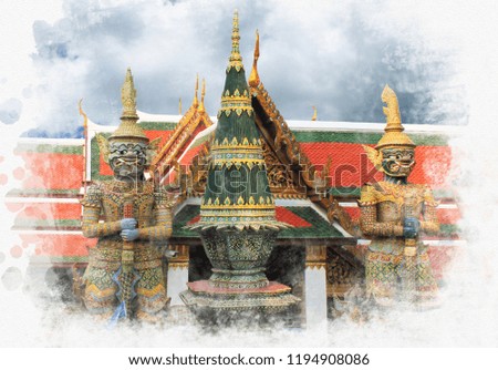Giant statues are guardian at Grand Palace ( landmark of Thailand) in Bangkok  (water color paint style),Public domain 