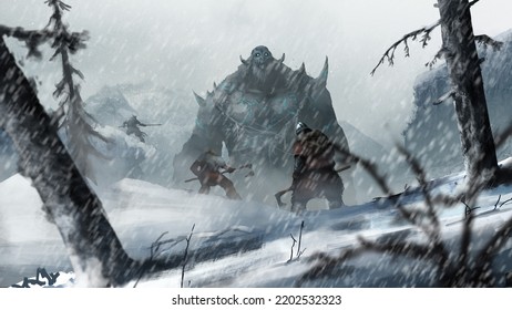 A Giant Troll Stands In The Distance, The Warriors Surround Him, Ready To Attack. Winter Landscape. 2d Illustration