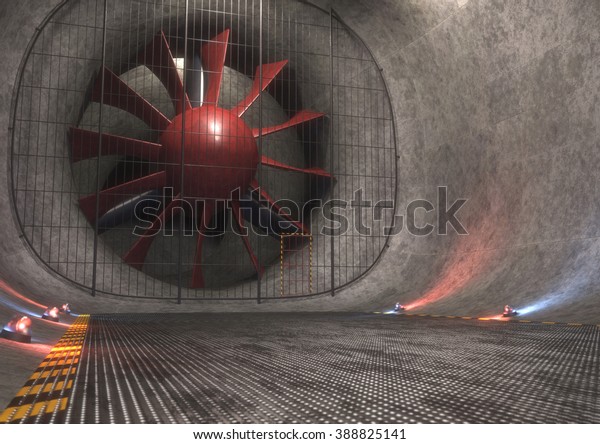 Giant wind tunnel with steel floor, tracks and\
safety lights. 3D concept\
image.