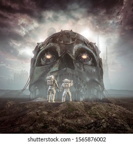 Giants of yesterday / 3D illustration of science fiction scene showing astronauts discovering ancient giant robot skull in the desert outside alien city