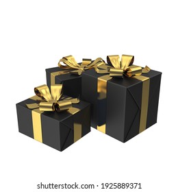 Gift Black Boxes With Gold Ribbon Isolated On White Background 3D-rendering Illustration