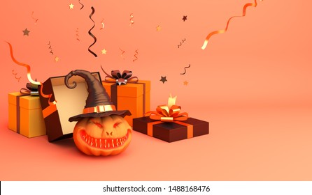 Gift box, confetti, smiling pumpkin head jack o lantern with hat on orange pastel background. Design creative concept of halloween celebration day. 3d rendering illustration. - Powered by Shutterstock