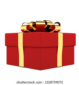 Gift Box With Golden Ribbon Bow. Holiday Design In Minimal Style. Sample Template Gift Box Mockup. Perspective View. 3D Render Illustration.