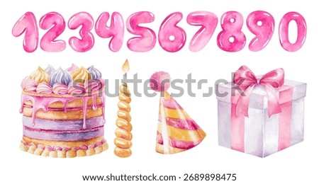 Gift box, hat, cake, burning candle and set of numbers Hand drawn watercolor illustration. Set of elements isolated on white background for holiday, children's birthday or anniversary party design