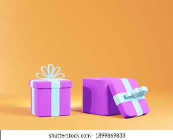 Gift Box Isolated On Orange Background In 3d Illustration, Holiday Christmas New Year Concept